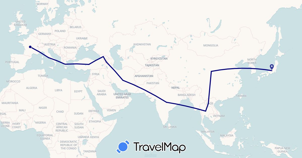 TravelMap itinerary: driving in Armenia, China, France, Georgia, Greece, India, Iran, Italy, Japan, Laos, Thailand, Turkey (Asia, Europe)